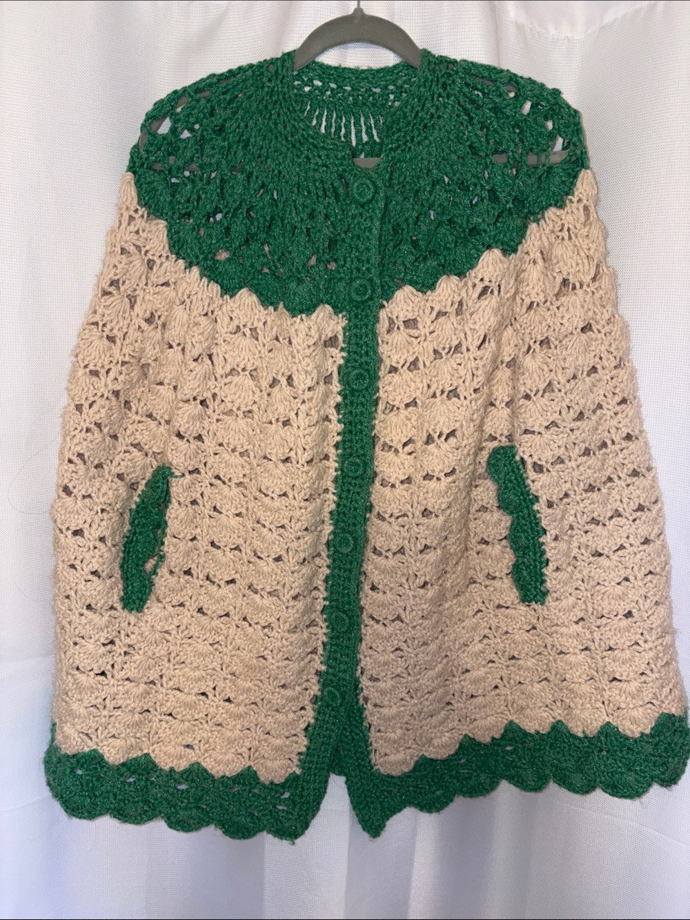 Handcrafted Vintage Green and Cream Crochet Women's Sweater Poncho